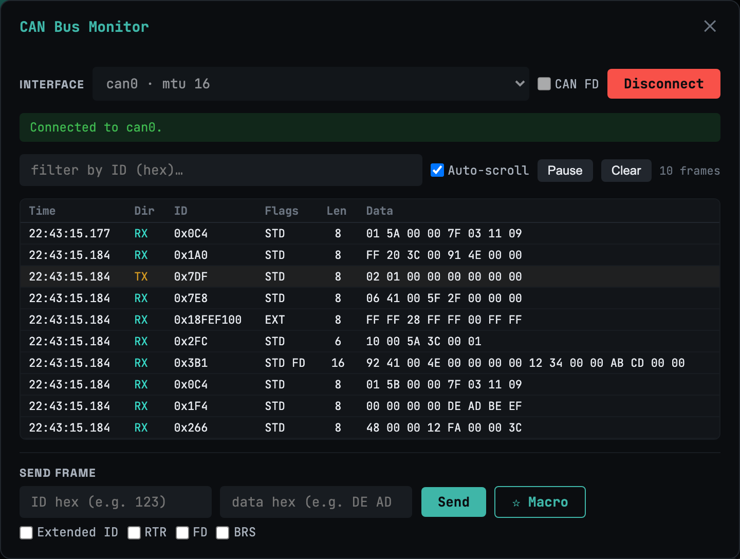 Live CAN bus monitor connected to can0 — a streaming frame table with standard, 29-bit extended, and CAN-FD frames, plus a frame injector.