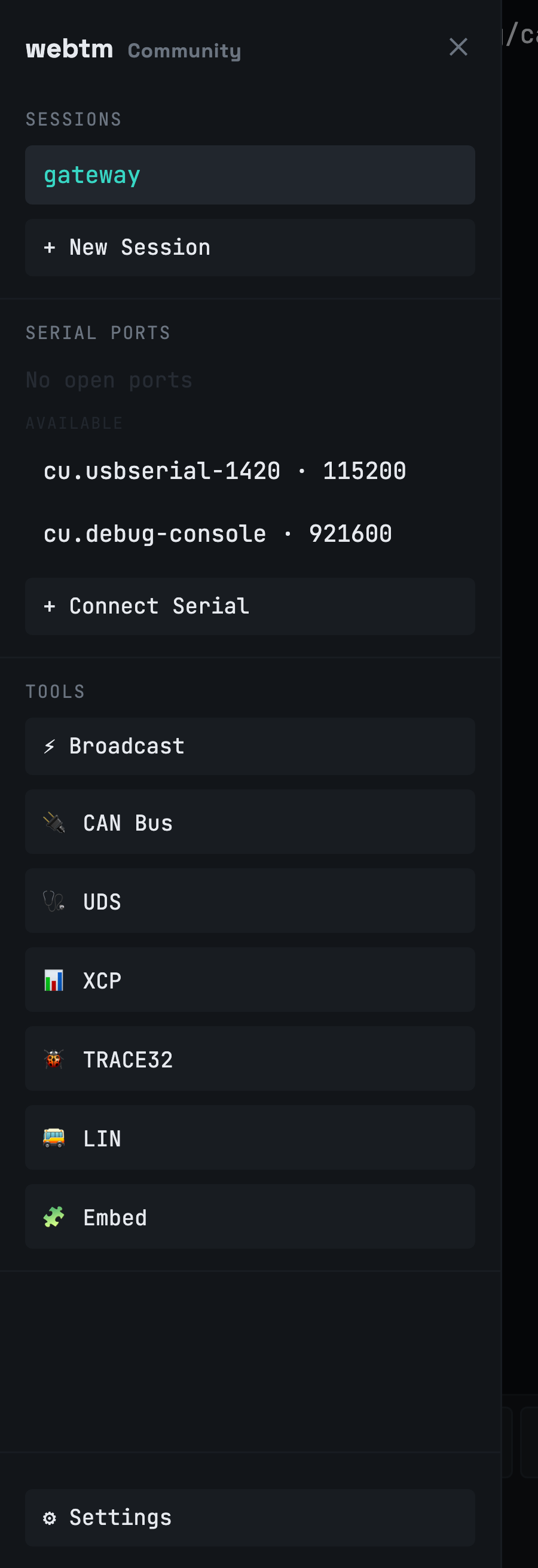 webtm on a phone — the swipe drawer open over a live SSH session, showing the gateway session, discovered serial ports (cu.usbserial-1420 · 115200, cu.debug-console · 921600), and one-tap tools for CAN, UDS, XCP, TRACE32, LIN and Embed.