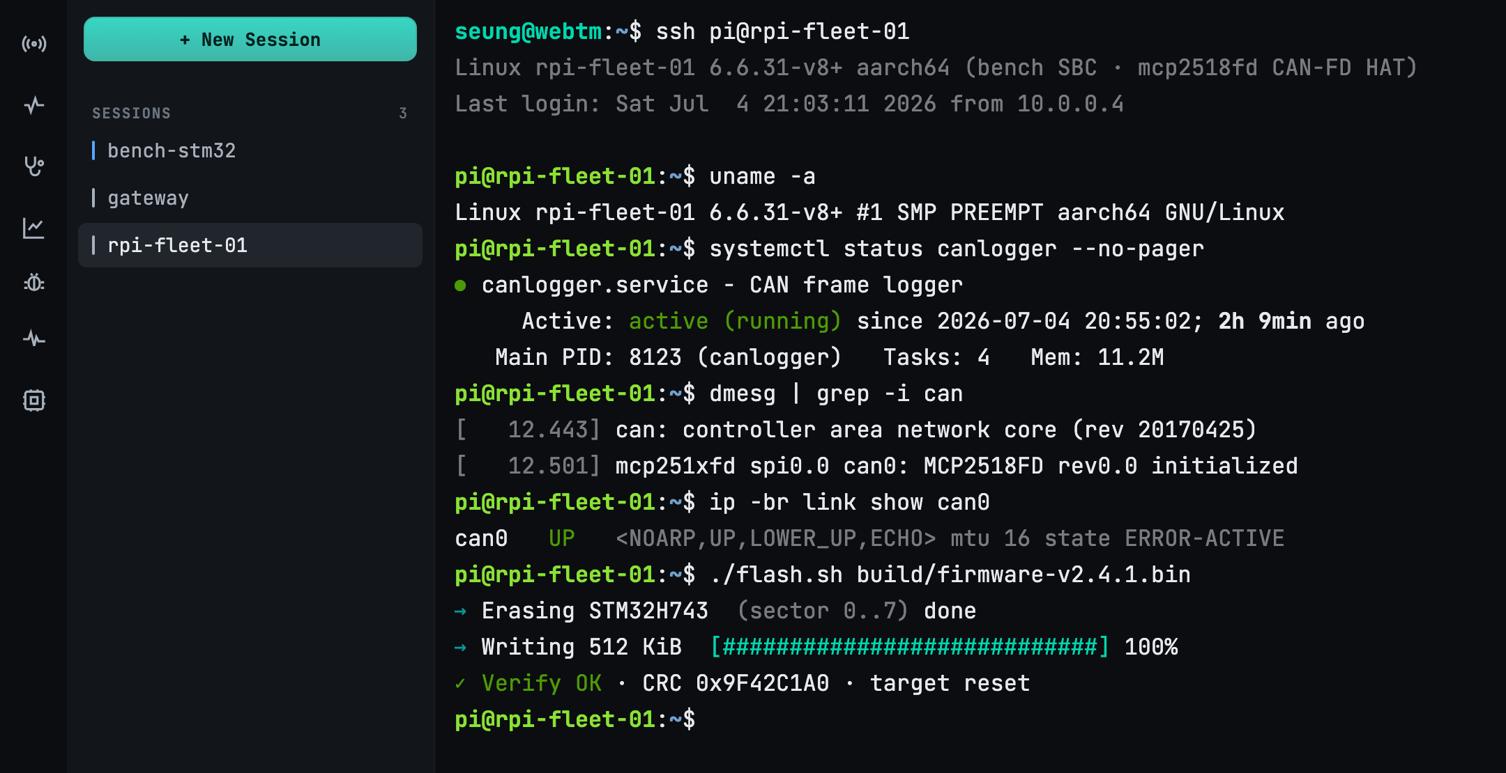 webtm running in a browser tab — SSH session to rpi-fleet-01, with a session sidebar (bench-stm32, gateway, rpi-fleet-01) and a live shell showing systemctl, dmesg CAN init, and a firmware flash with a Verify OK.